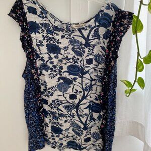 Barely used Lucky Brand Women's Blouse Size Large Mixed Print Ruffle Button Deta